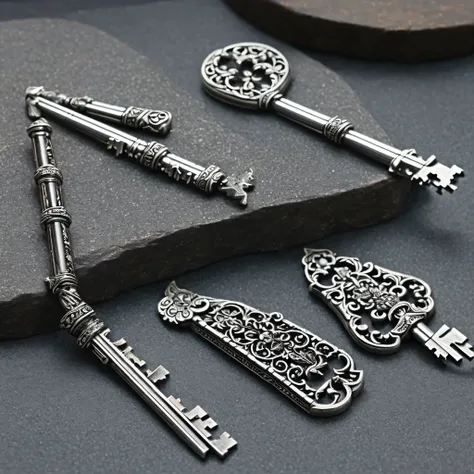 a legendary key in one and two parts, they are shiny silver-white, intricate sacred details, divine metal