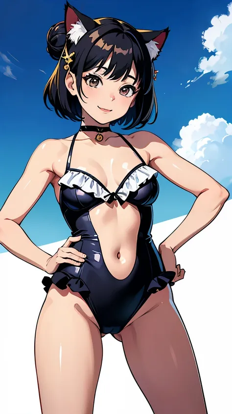 (highest quality, masterpiece, High resolution)、(Anime Art 4k)、Cinematic Light、Soft Light、(One girl、20 years old)、(whole body)、(Hands on hips)、Black Hair、(Swimwear)、(カラフルなSwimwear)、(Brightly colored design)、sexy、Cat ear、Bobcut、semi-long、Hair Bun、hair ornam...