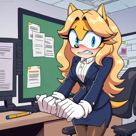 score_9, score_8_up, score_7_up, ((Masterpiece)), high quality, studio quality, 1girl, Female, mobian, hedgehog, 1girl, solo, looking at viewer, embarrassed expression, dark blue business dress suit, dark blue pencil skirt, office background, blonde fur, l...