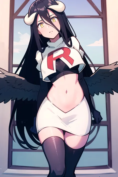 albedow, albedowings, medium breasts, long black hair, ahoge, yellow eyes, looking at viewer, parted lips, cowbot shot, team rocket,team rocket uniform,white skirt,red letter R,crop top,black thigh-highs