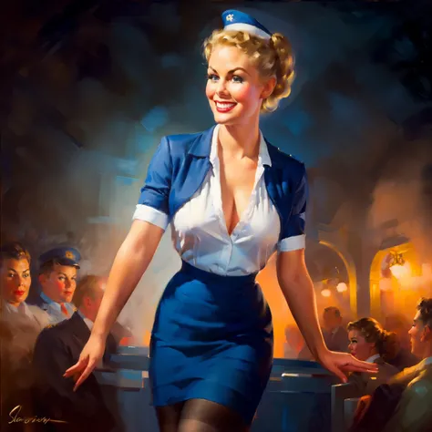 nsfw, photorealistic, beautiful face, (masterpiece:1.4), (best quality:1.4), extremely detailed, hyper-detailed, soft lighting, 38 years old beautiful 1950s pin-up stewardess standing in the aisle of a crowded airplane, big breasts, erected hard nipples, o...