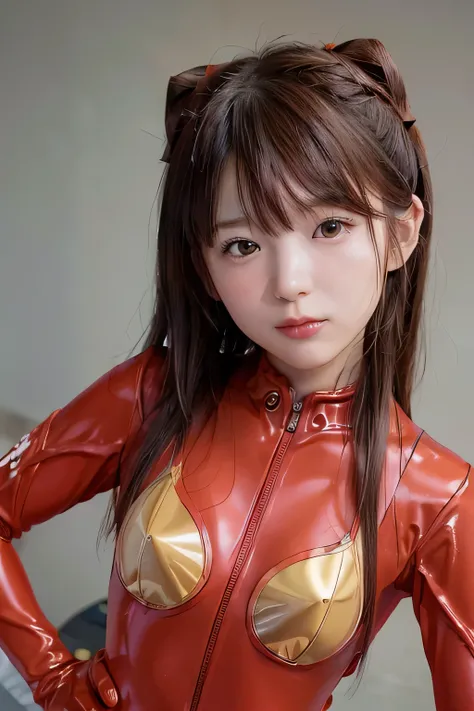 ((((Soryu Asuka Langley)))) 、8K、highest quality、1 Girl、(12 years old)、(Face shot close up:1.5) 、、Flat Body、cute、Beautiful photorealistic、High resolution、Perfect lighting、((Look at the viewers)) 、(Shiny Hair:1.3) 、(((one hand on hip))) 、(((Red plug suit))) ...