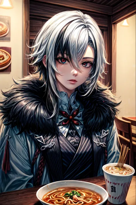 highly detailed, dynamic, cinematic, stunning, realistic lighting and shading, arlecchino, hair between eyes, black hair, white hair, short hair, coat, fur trim, fur-trimmed coat, (x-shaped eyes, symbol shaped eyes, cross eyes), ramen restaurant, sitting a...