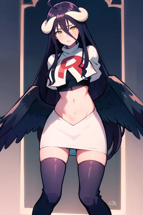 albedow, albedowings, medium breasts, long black hair, ahoge, yellow eyes, looking at viewer, parted lips, cowbot shot, team rocket,team rocket uniform,white skirt,red letter R,crop top,black thigh-highs