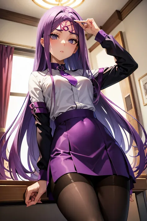 medusa、fate、purple hair、long hair、((pantyhose))、photo from below、medium chest、bedroom、mini skirt、pencil skirt、blouse、、leg spread