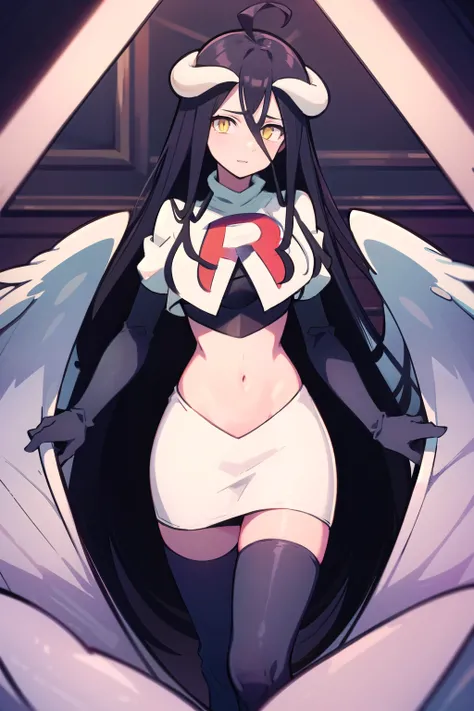albedow, albedowings, medium breasts, long black hair, ahoge, yellow eyes, looking at viewer, parted lips, cowbot shot, team rocket,team rocket uniform,white skirt,red letter R,crop top,black thigh-highs