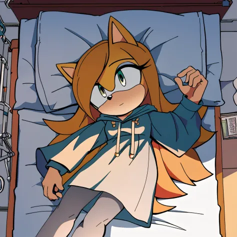 score_9, score_8_up, score_7_up, ((Masterpiece)), high quality, studio quality, 1girl, Female, mobian, hedgehog, 1girl, solo, blue sorceress dress, hooded cape, blonde fur, long hair, grey leggings, hair bangs, lying on a hospital bed, asleep
