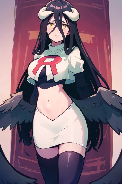 albedow, albedowings, medium breasts, long black hair, ahoge, yellow eyes, looking at viewer, parted lips, cowbot shot, team rocket,team rocket uniform,white skirt,red letter R,crop top,black thigh-highs