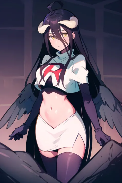 albedow, albedowings, medium breasts, long black hair, ahoge, yellow eyes, looking at viewer, parted lips, cowbot shot, team rocket,team rocket uniform,white skirt,red letter R,crop top,black thigh-highs