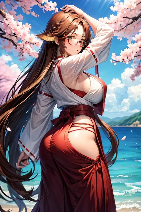 High resolution, high quality, 1 girl, Anime Girls, Brown long hair, Brown eyes, Green glasses, Sunburned skin, big breasts, (Big Ass),miko,long hakama skirt,arms behind head,standing,(water),cherryblossom,