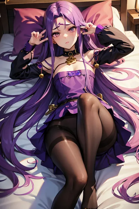 medusa、fate、purple hair、long hair、((pantyhose))、photo from below、medium chest、bedroom、anta claus clothes))、leg spread