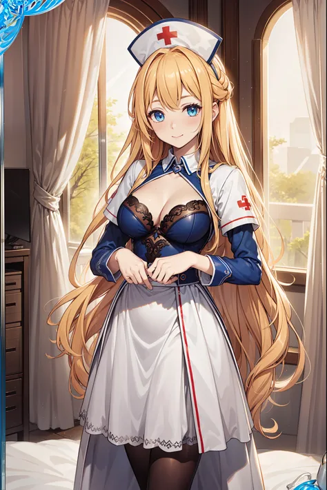 (Best quality, A high resolution, Textured skin, High quality, High details, High details,Extremely detailed CG unity), Enchanted，having fun，Being in love，nurse in fantasy world, blonde hair, blue eyes, exquisite costumes，solo person，day time，inside hospit...