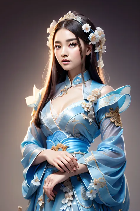 wearing a blue and white dress、woman with flowers on her head, hanfu, magnificent palace, girl wearing hanfu, blue hanfu, white ...