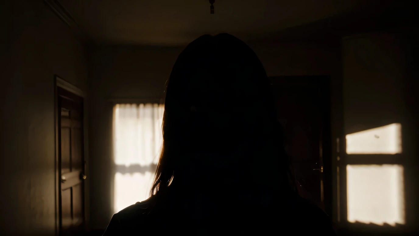 The figure, half obscured in shadow, with empty eyes staring at the viewer. The room around them is dark and menacing, and their presence evokes a sense of fear and unease.
