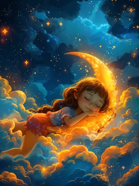 There is a girl who is lying on a moon, dream night, dream illustration, lindo arte digital detallado, noche tranquila. Digital Illustration, lindo arte digital, adorable pintura digital, dream digital painting, dream art, cyril rolando and goro fujita, In...