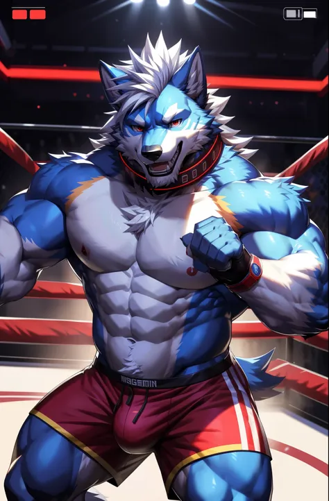 solo, anthro, furry, furry male, wolf, ((fluffy fur, fluffy, furry body)), (wolf print), red eyes, hair tuft, long hair, (light blue body, blue body, muscles), wolf tail, ((white hair, mohawk hair)), (white muzzle, white forearms), detailed fluffy fur, det...