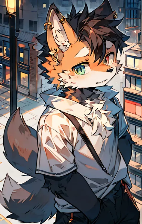 furry,fur,body fur,Cities,Streets,solo,short sleeves,，boy，lust boy，Anthropomorphic male wolf，few earrings，Heterochromic eyes