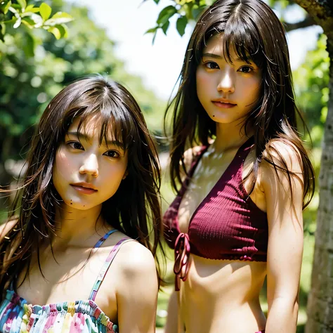 identical twin sisters、(highest quality, High resolution, masterpiece, realistic:1.2),(HDR, Bright colors),2 girls, Japanese, not wearing anything, big , slender and slender body, beautiful face, detailed facial features, pose for a photo,outdoor, professi...