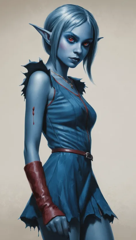 An illustrated movie poster, hand-drawn, full color, a young drow girl, drow elf, wearing a corduroy mini-dress, blue skin, blue complexion, pointy elf ears, ruby eyes, dark hair, shaggy bob, posing like a model, hard shadows, graphite shading, stencil mar...