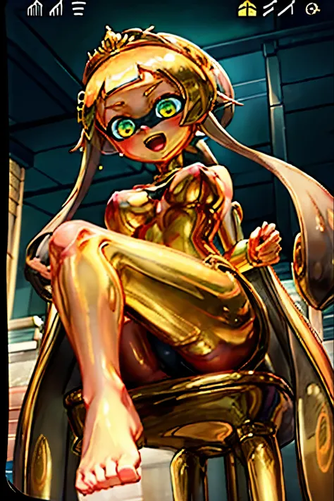 goddessになったスプラトゥーンの女の子、goddess、3D、real anime、(((whole body)))、Body of Molten Gold、Liquid Metal Girl、liquid skin、slime girl、Golden tentacle hair、Long ponytail tentacle hair、tiara、Big and pretty eyes、Golden Eyes、Shining Eyes、blush、cheek、Rouge、Open mouth and ...