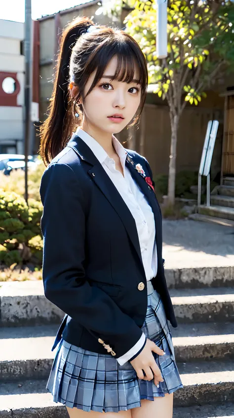 (Beautiful and detailed skin,Perfect Anatomy),At dusk,Sunset sky,14 years old,cute,Black Hair,ponytail, full body shot, Beautiful detailed girl, Highly detailed face, Detailed beautiful eyes, ((Japanese Girls, High , School Blazer:1.5)), City stairs、lookin...