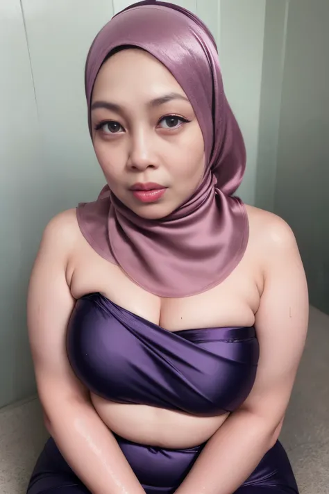 ((HIJAB)), ((Chubby:1.2)), ((Milf face:1.2)), head to thigh portrait photography of a mature 35 years old malay women wearing hijab and naked, side lighting, shocked face , very wet face, front view, eye contact, very wet body, watery body, ((wearing strap...