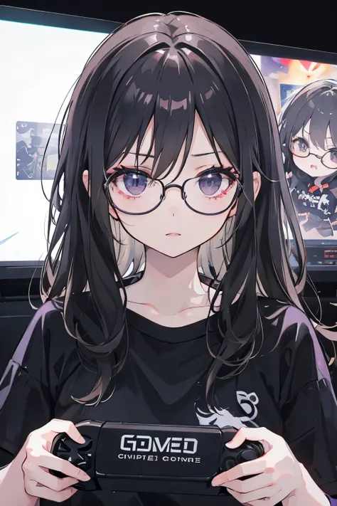 pixel, chibi, long black hair, big black eyes, vivid, shine, glasses, nerd, fierce, purple t-shirt, playing video game, controller in hands, in front of video game screen, dark room background, lighting only on the video screen game and LED lights.