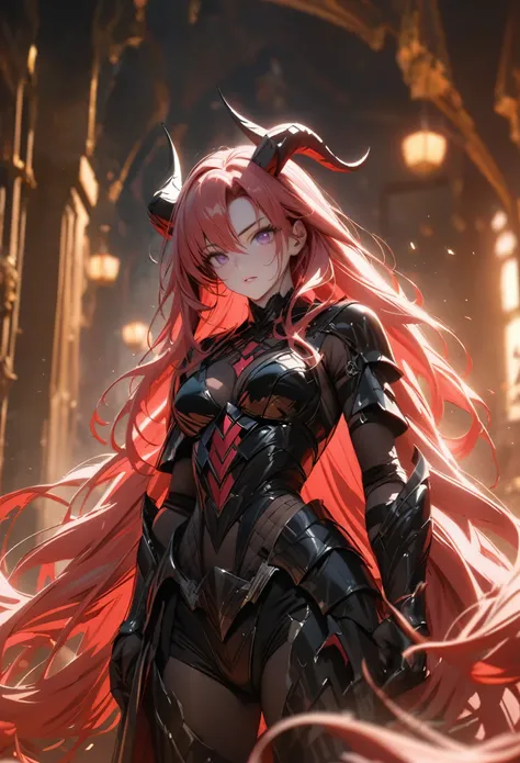 (solo), pinkish red hair, messy hair, mane hair, extra long hair, dense hair, wild hair, expressive hair, mature, woman, (25 year old), pale skin, purple eyes, curved horns, demon girl, demonic woman, wearing a black armor, armored arms, armored legs, claw...