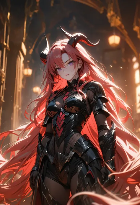 (solo), pinkish red hair, messy hair, mane hair, extra long hair, dense hair, wild hair, expressive hair, mature, woman, (25 year old), pale skin, purple eyes, curved horns, demon girl, demonic woman, wearing a black armor, armored arms, armored legs, claw...