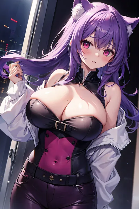 Wolf Girl, Big Breasts, Voluminous purple hair, masterpiece , Red eyes、Double teeth、tooth、Blushed cheeks、 hd, Head to Chest, buried in my chest、Underbust、Cleavage、hoodie、hot pants