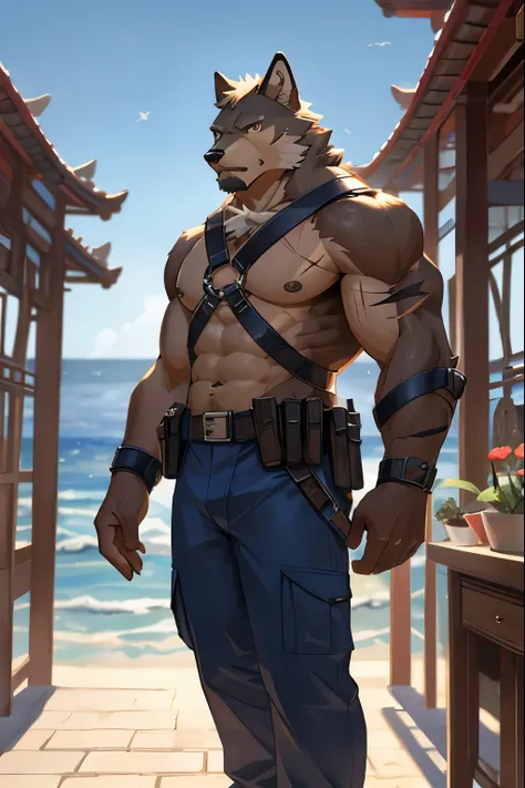 Masterpieces, furry, male, Anthropomorphic, old, brown wolf, slender body type, asian body type, Delicate eyes, white goatee, grizzled fur, glistening body, navy soldier, marine soldier, tan skin, depth of field, warm lighting, bright lighting, (best quali...