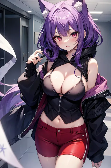 Wolf Girl, Big Breasts, Voluminous purple hair, masterpiece , Red eyes、Double teeth、tooth、Blushed cheeks、 hd, Head to Chest, buried in my chest、Underbust、Cleavage、hoodie、hot pants