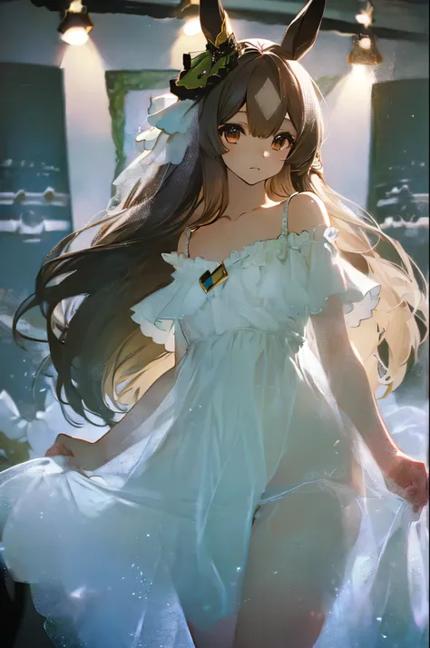 satono diamond,umamusume、Wearing a light-colored dress、Girl with white panties showing,((Small Bust)),(highest quality、4k、8k、High Resolution、masterpiece:1.2)、Super detailed、(Photorealistic:1.37)、Portrait、Sharp Focus、feminine、delicate、White skin、Subtle curv...