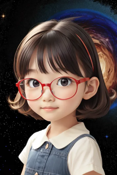 Chibi girl teaching cosmology、red glasses、Galaxy painting on background