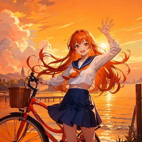 wearing a sailor suit, orange skirt, long orange hair, princess cut, top quality, masterpiece, orange sunset, orange background, orange bicycle A woman pushing her hand is raising her right hand and waving, a smile with an open mouth,