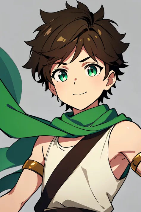 (high-quality, breathtaking),(expressive eyes, perfect face) 1boy, male, solo, toddler age, dark brown color hair, green eye color, spiky fluffy hair, wavy hair, short hair length, cute smile, cute face, childlike face, white tunic, green trim, green scarf...