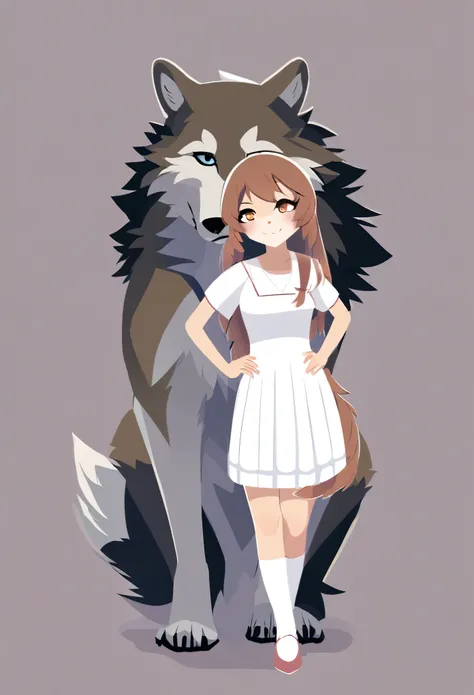 1girl and wolf, no shadow, flat Design,