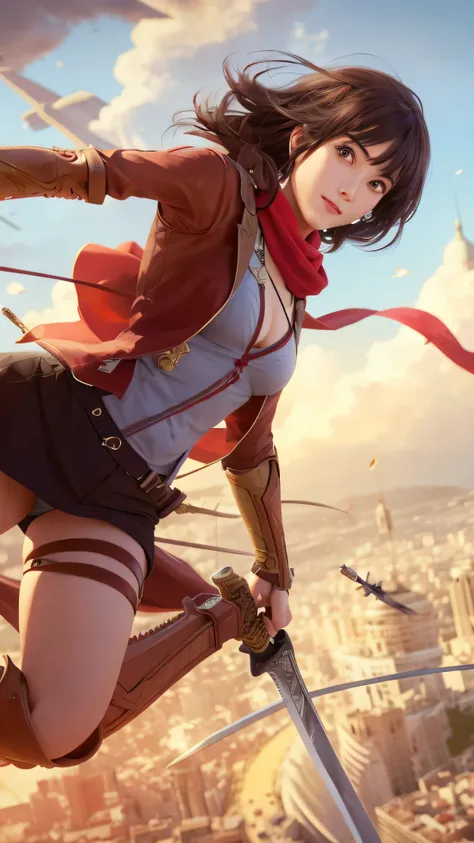 Beautiful girl with sword and red scarf flying over city, extremely detailed artgerm, 