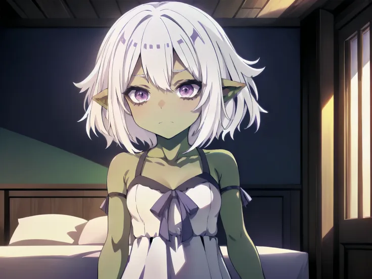 1goblin girl, ((((white hair)))), (((purple eyes))), ((green skin)), (((no espression))), ((best quality)), (((dress))), (detail...