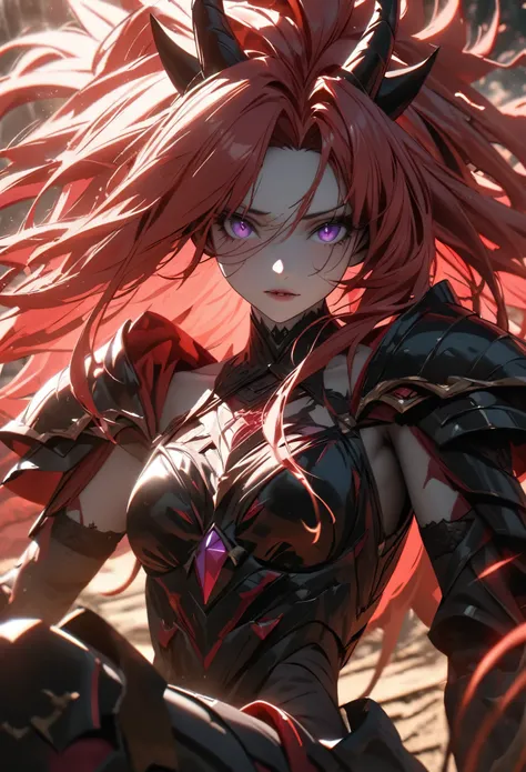 (solo), pinkish red hair, messy hair, mane hair, extra long hair, dense hair, wild hair, expressive hair, mature, woman, (25 year old), pale skin, purple eyes, curved horns, demon girl, demonic woman, wearing a black armor, armored arms, armored legs, claw...