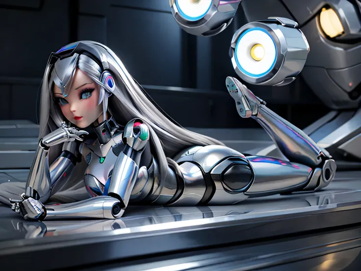 robot babe tight high boots like part from her body, metallic chromed body of cyborg robot, with plastic barbie doll face with longer hair, look at me from behind, full body lying down, lying down, lying down to side