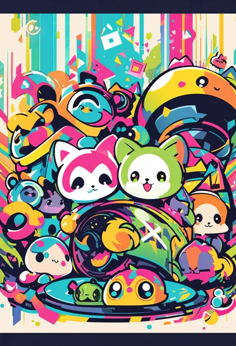 tshirt design, 2d, vector illustrations, Solid coating, A simple animal made by combining linear shapes, Vibrant colors, Pop atmosphere, Cute design, Cute animal characters,