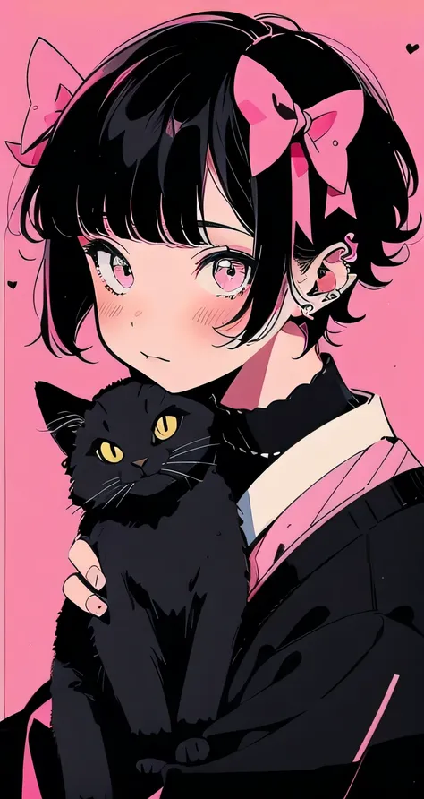 Beautiful youth, Black Hair, short hair, Pink Sweater, Black cat with pink ribbon, Right before the kiss, Cute and stylish room,high quality, Draw Amount, Pixiv illustration, Japanese anime, clear line drawing, Transparent watercolor, Clear shading