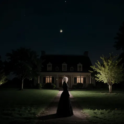 A plantation manor at night surrounded by willow treesmoon in background, an old white haired woman, using a long black lace dress standing by the trees, ultrarealistic