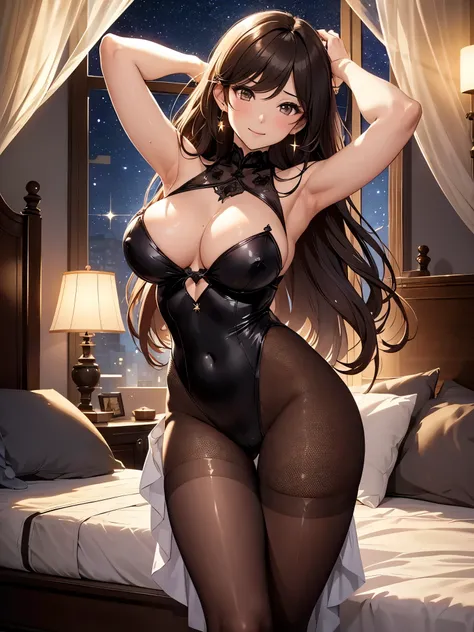 Beautiful beauty、Femme fatale、Mine Fujiko、elegant、Beautiful eyes、Erotic atmosphere、Beautiful black underwear、 cowboy shot,Front symmetry、、flower、brown hair、sexy、Sweat、A friendly smile、Hotel room、Fantastic Light、Mysterious Light、Rembrandt　Light Magical Gent...