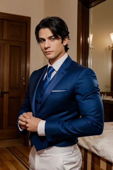 A groom with black hair and blue eyes looks to the right with confidence, with prominent and muscular muscles.