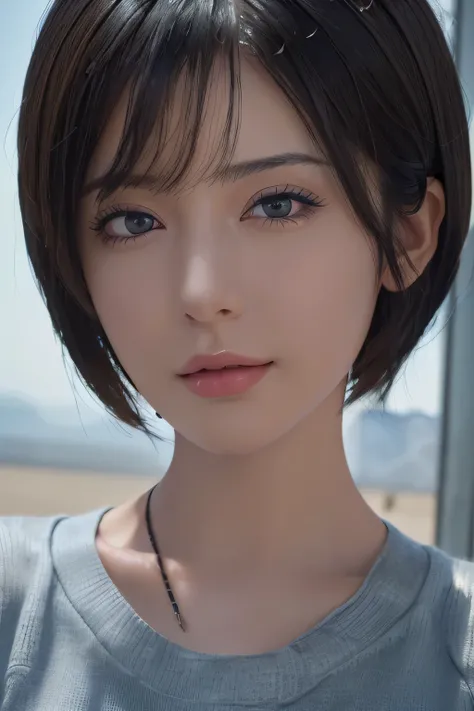 (masterpiece:1.3), (8k, photorealistic, RAW photo, best quality: 1.4), (1girl), beautiful face, (realistic face), (black hair, short hair:1.3), beautiful hairstyle, realistic eyes, beautiful detailed eyes, (realistic skin), beautiful skin, (sweater), absur...