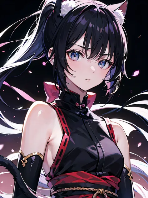 best quality, masterpiece, beautiful cat girl with two tails in a ninja style outfit, serious expression, flowing pitch black hair in ponytail, split bangs, ultra beautiful and detailed eyes, violet eyes, perfect face, ultra detailed, upper body