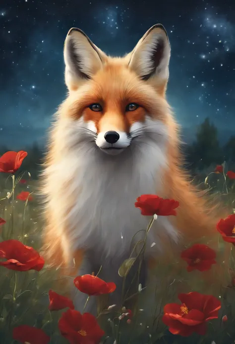 A beautiful white and red fox with four tails in a flower meadow looks into the starry sky with splashes of glowing water.,Magnetic storms, night, starry sea sky,  Beautiful white and red fox with four tails in the starry sky, Jean-Baptiste Monge, anthropo...