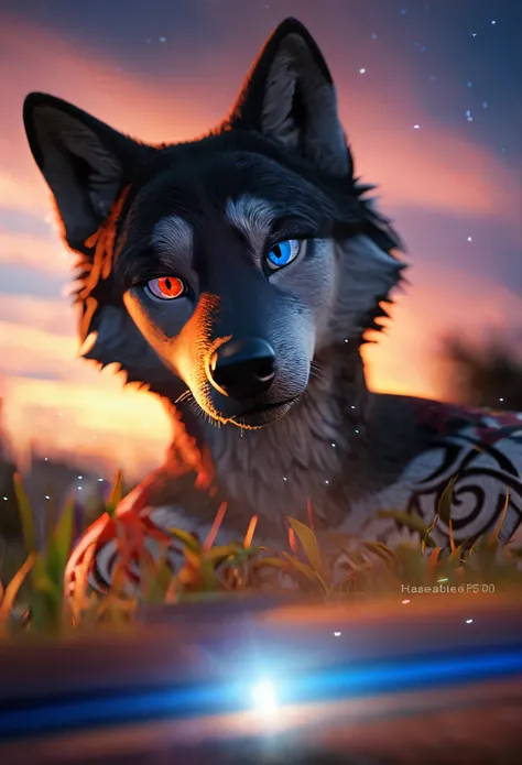 male alpha wolf in garden, black skin, red tattoo, waning moon tattoo on chest, ((heterochromia, blue left eye, red right eye)) dreamy background, kindness, unlimited light, magnificent sunset background, octane render, beautiful features, beautifully deta...